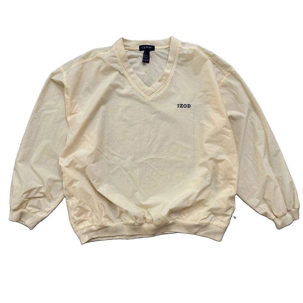 Vintage 90s IZOD Pullover V Neck Nylon Windbreaker Jacket Size L Mens Cream Golf